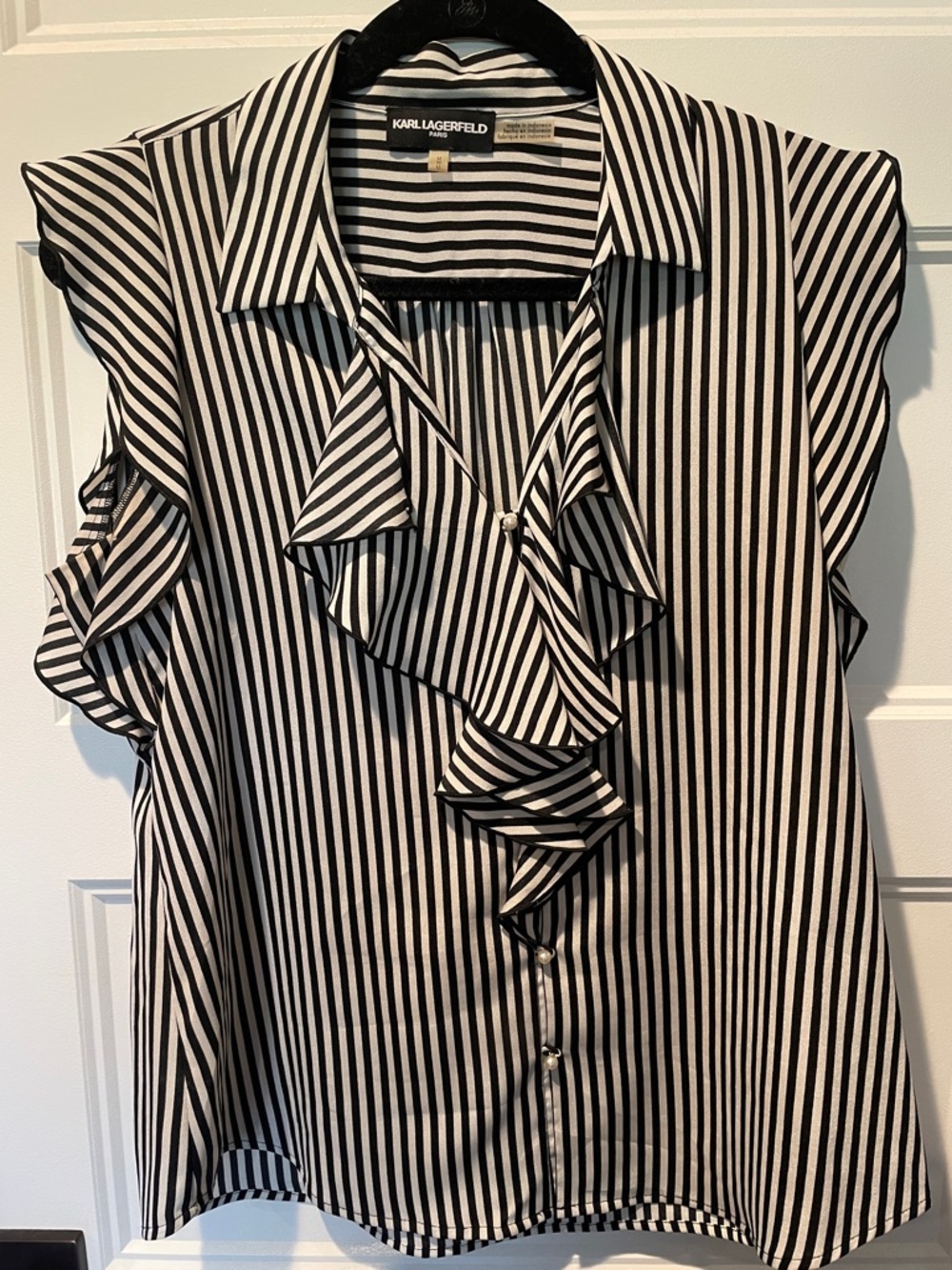 Karl Lagerfeld Black & White Vertical Stripe Ruffle Blouse - like new, worn 1x